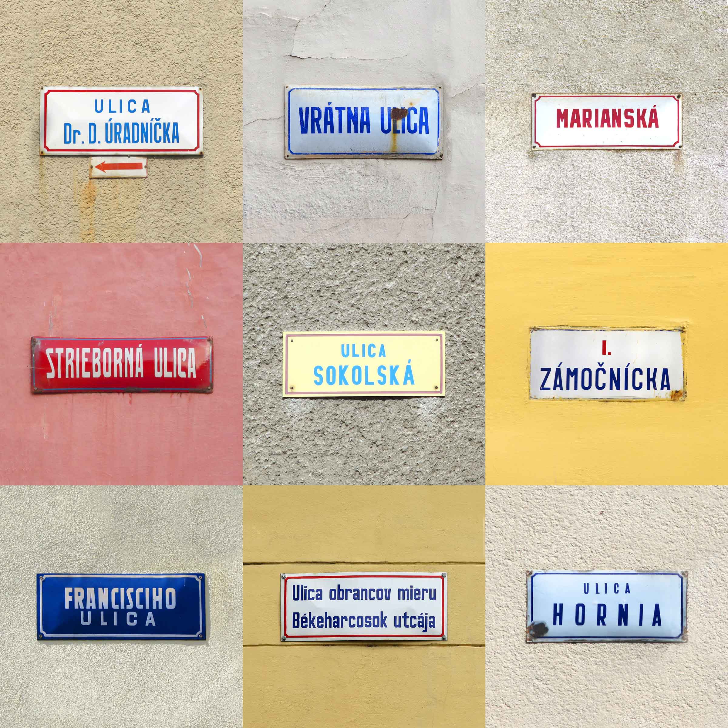 The condition of a uniform design within a municipality hasn’t always been met – plates ignoring the standard (top left) can be found in many cities across Slovakia.