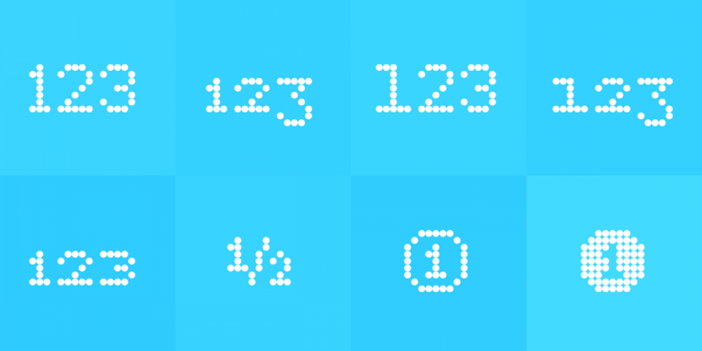 Pexico's numbers, clockwise from top left: Default (proportional lining), proportional oldstyle, tabular lining, tabular oldstyle, circled numbers, superscript & subscript (used also for automatic fractions), and small capital.
